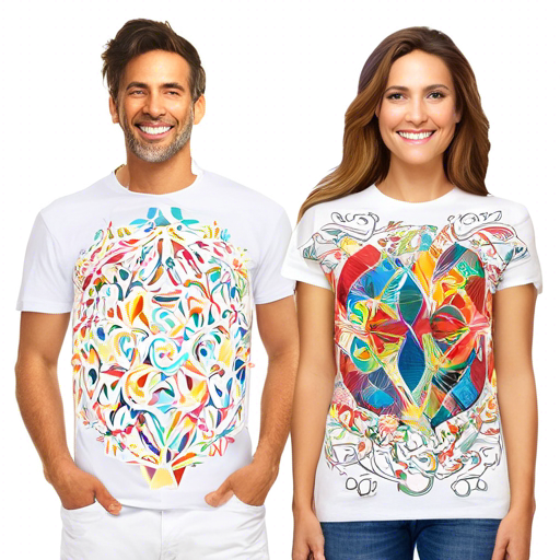 Man and woman wearing designer t-shirts.